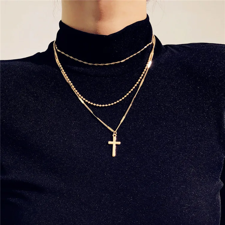

2019 New Trendy Wholesale Women Fashion Custom Necklaces Jewelry Elegant Long Cross Multi Layered Metal Gold Necklace, As show