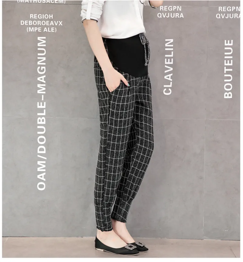 

Maternity pants spring new harem pants lattice loose cotton and linen high waist wear maternity fashion Korean version lift, Ma gray grid;black grid