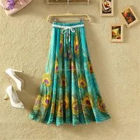 

Hot New Plus Size Peacock Feather Fake Silk Elastic Waist Big Bottom Printed Bohemia Skirt Women Full Long Chiffon Skirt