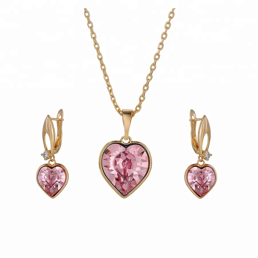 

65185 Xuping Ebedded Heart Shape pink Crystal Jewelry Set gift for girl, Gold color