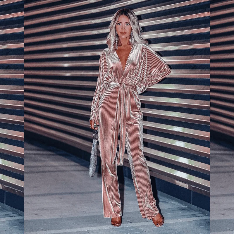 

oem Velvet 2019 high quality deep V neck with belt celebrity women long sleeve luxury sexy pleated long loose jumpsuit A2701, Blue
