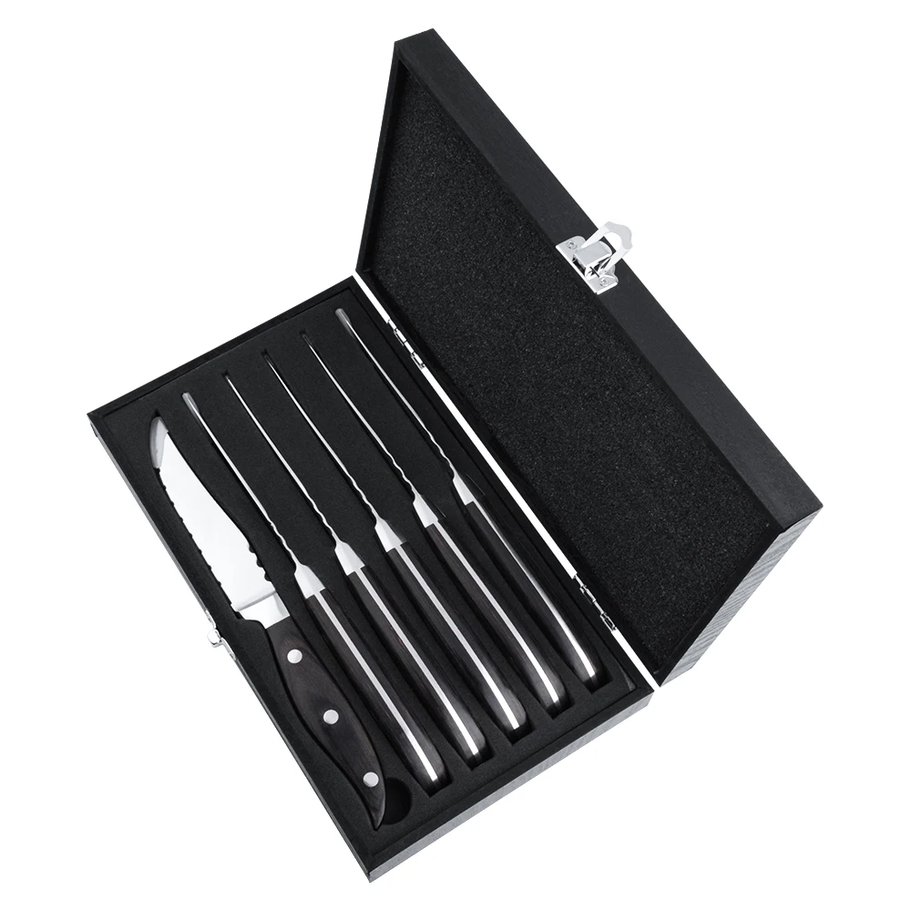 

KN456A45FB Black Pakka Wood Handle 6 Pack Set 4 inch Stainless Steel Serrated Steak Knife