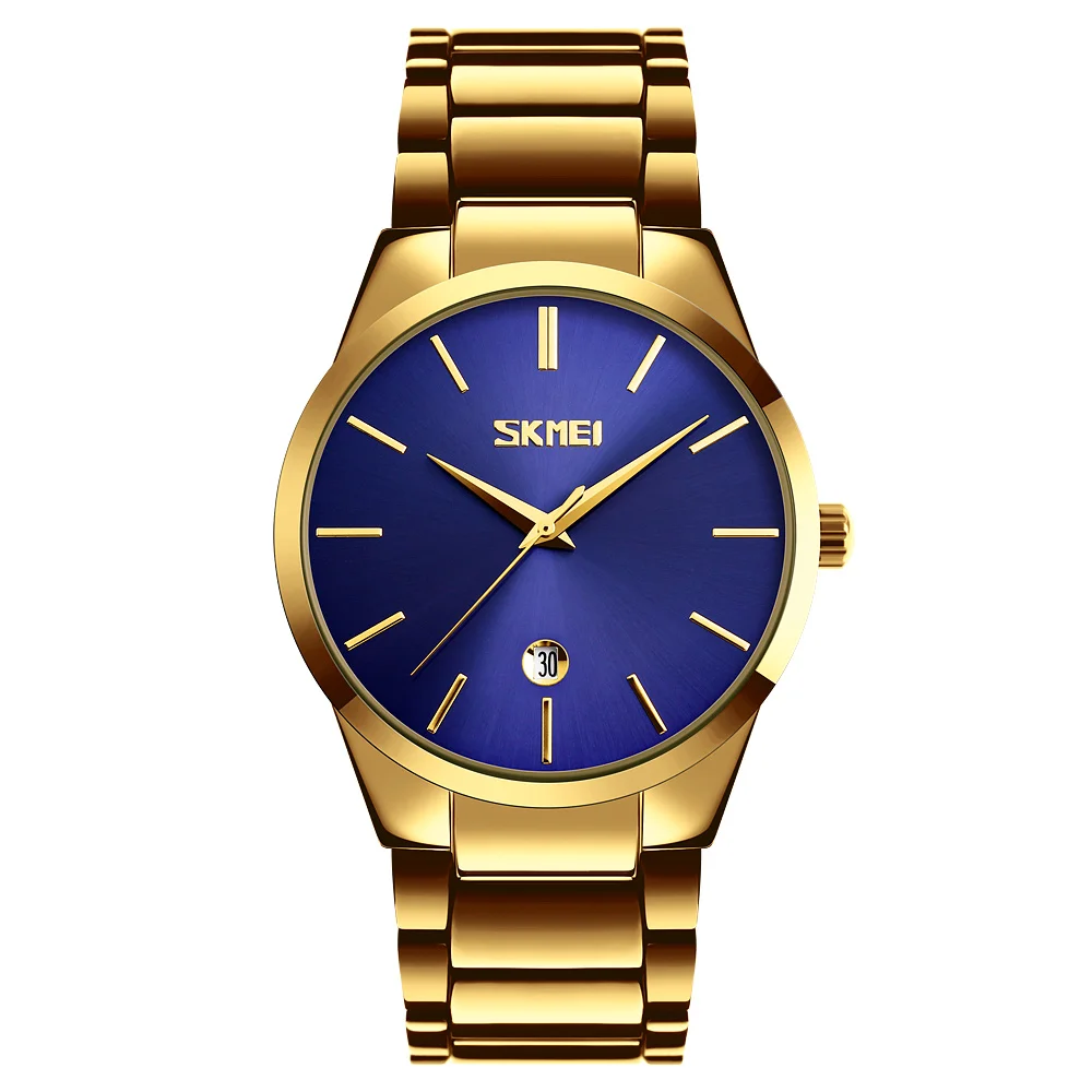 

SKMEI 9140 Mens Gold Watches Fashion Luxury 3Bar Waterproof Calendar Watch Stainless Steel Quartz Analog Wristwatches