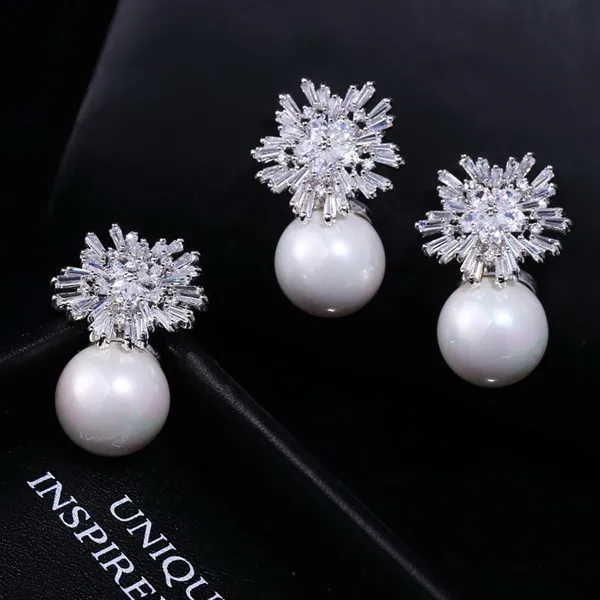 

Real white gold plated snowflake AAA cubic zircon pearl bridal jewelry set