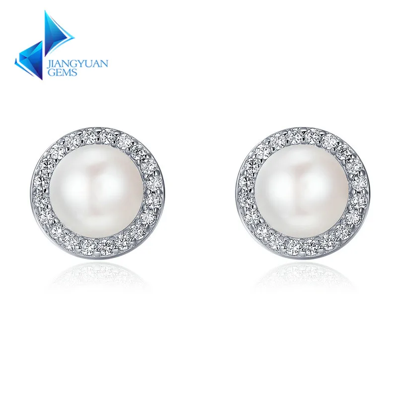 

925 Sterling Silver Classic Round Sparking Zircon Freshwater Pearl Stud Earrings for Lady Sterling Silver Jewellery