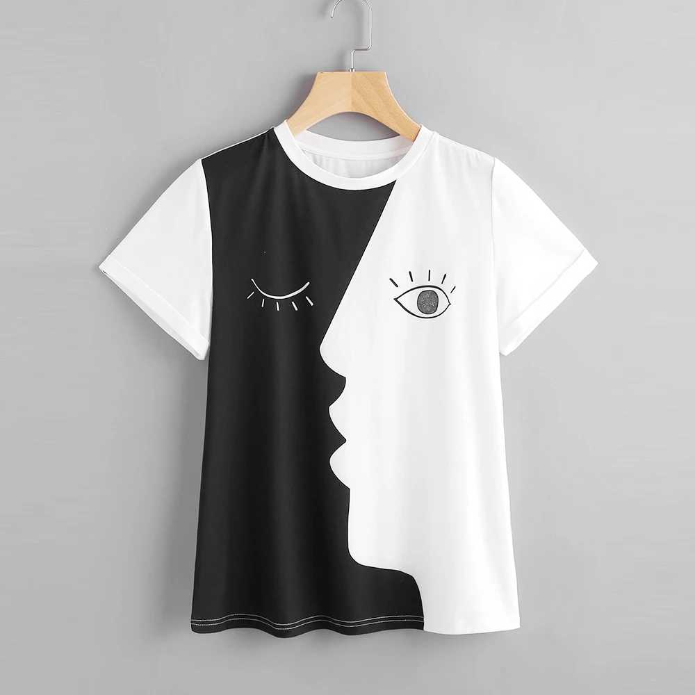 Alibaba Fashion New Design Trending Women Abstract Face Print Roll Sleeve Half Black Half White T Shirt Buy Half Black Half White Shirt Product On Alibaba Com