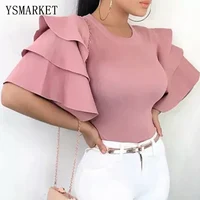 

Summer Fashion Womens Casual Tops Clothing Pink Short Sleeve Crew Neck T-Shirt Ladies Women Casual Solid Ruched Sleeve T-Shirts