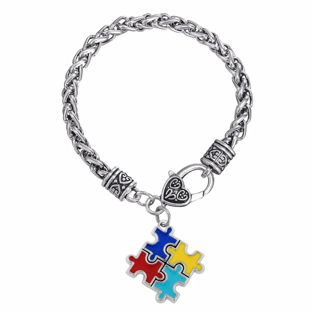 

thoughtful autism awareness magic jigsaw charm bracelet antique silver plated chain bracelet with colorful square