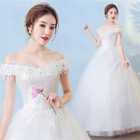 

Fashion Vestido De Novia elegant off shoulder boat neck lace up flower embellished wedding dress bridal gown