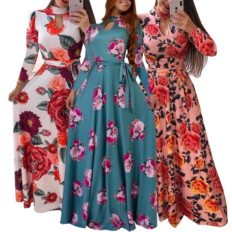 

Women's Fashion Bohemian Long Sleeve Floral Print O neck Maxi Dress Beach Dress Vintage Dress Plus Size(S-5XL))
