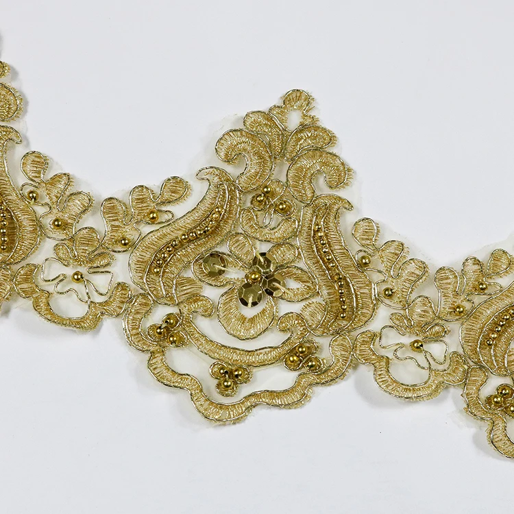 

latest design 12.5cm 3D decorate lace trim french tulle beaded stone bead lace trim fabric for party address, Gold