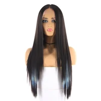

New fashion Yaki Straight Synthetic Hair Wigs With Natural Hairline X-TRESS Ombre Blue Purple Color Long Layered Lace Wig