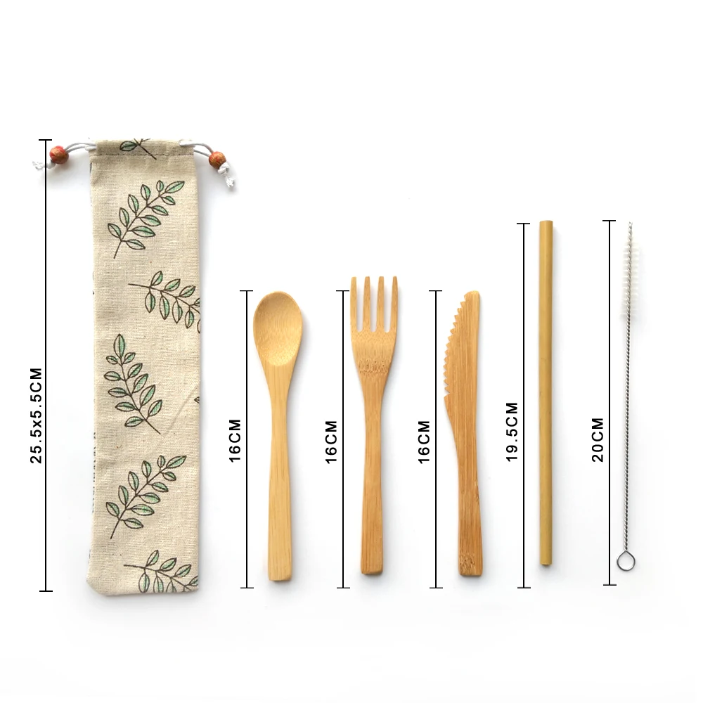 

China factory manufacturing reusable bamboo travel cutlery set with metal straw and pouch, Natural