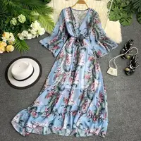 

Fashionable Women Casual Flare Sleeve Summer Ladies Floral Printed Beach Dress