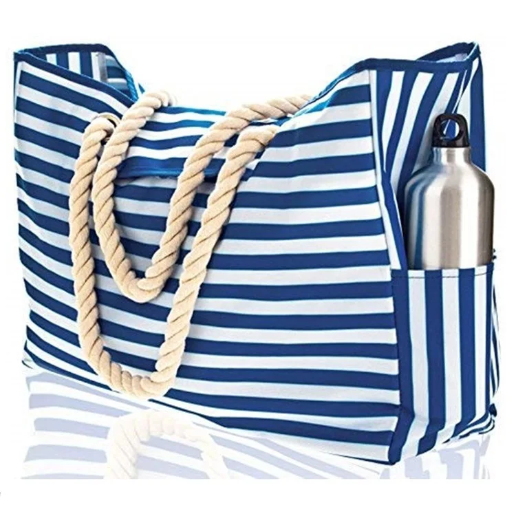 

Top Zipper, Cotton Rope Handle beach bag, Two Elastic Outside Pockets, Pms color
