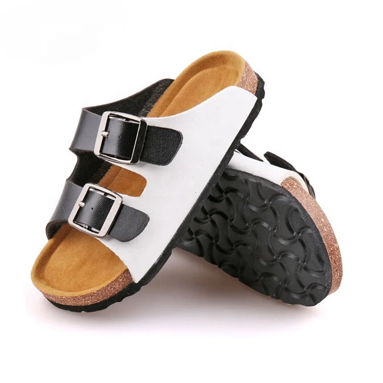 Boys Cork Sole Slide Flat Sandals Open Toe Double Adjustable Buckle