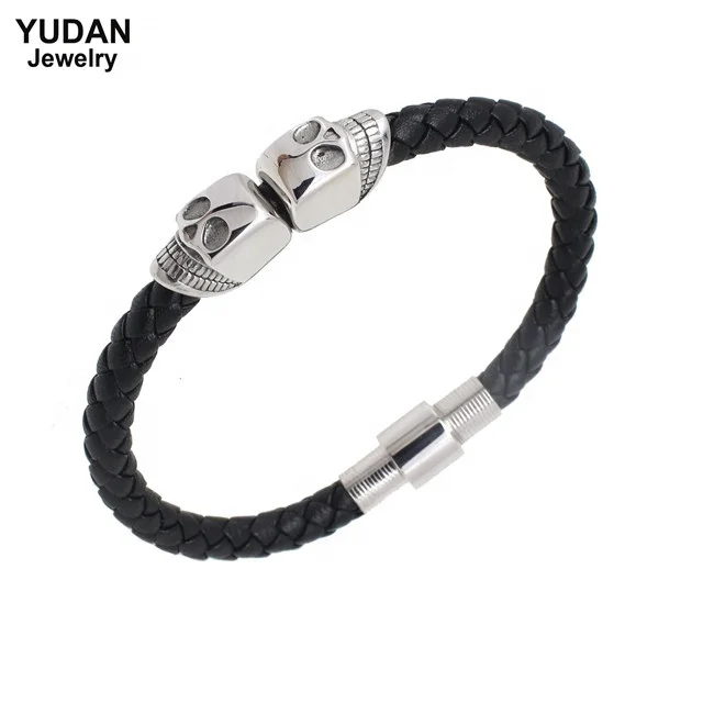 

Hot Sale Stainless Steel Mens Leather Skull Bracelet