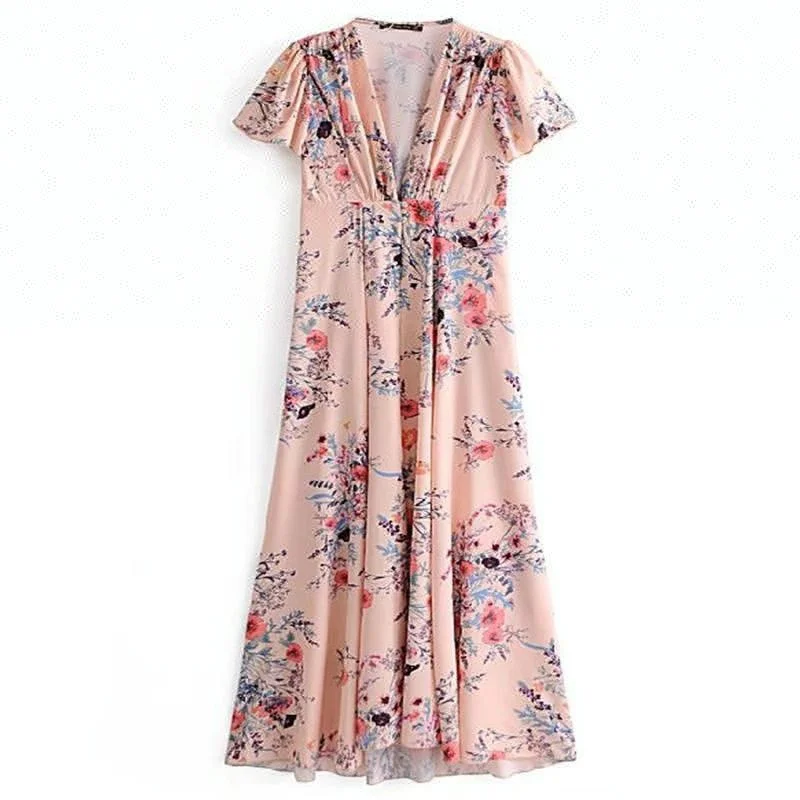 
Ebay Amazon Euramerican Sexy Deep V Neck Short Sleeve Floral Printed Pink Maxi BOHO Long Dress 