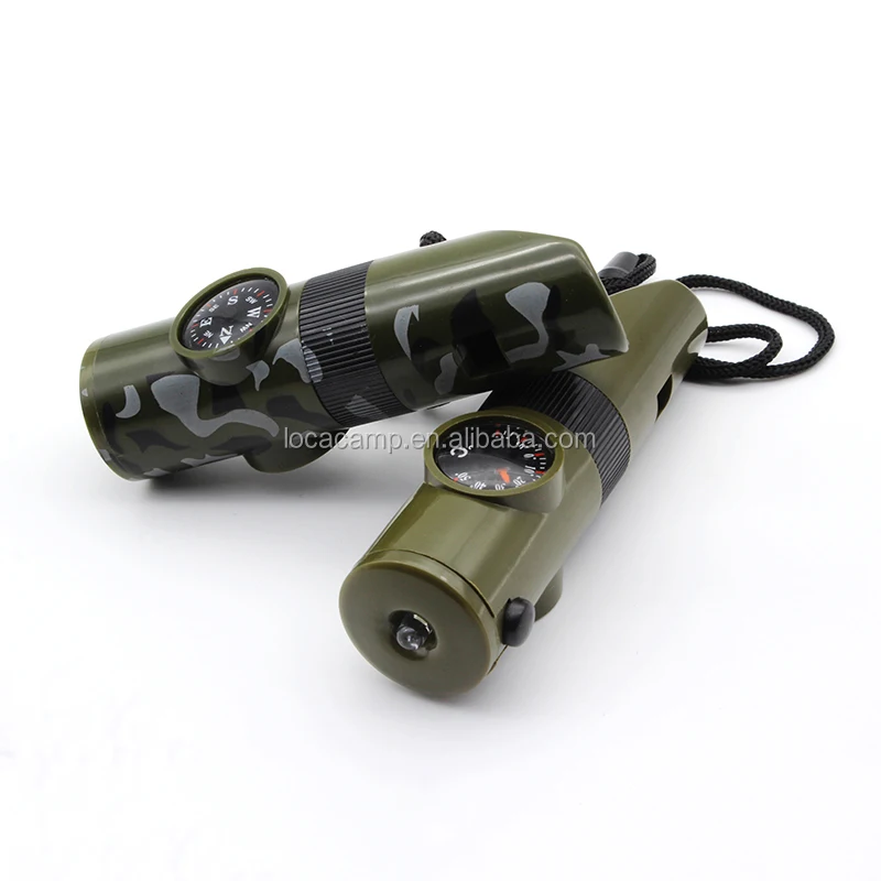 

ABS 7 in 1 multi-functional emergency survival whistle with compass led flashlight thermometer, Army green;camouflage