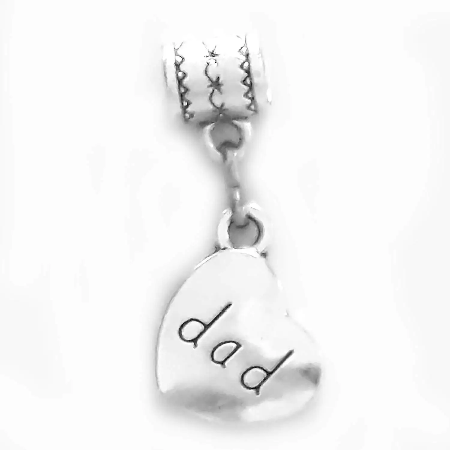 "Dad charm" Heart-Shaped Tibetan Silver charm by Mossy Cabin for large hole style snake chain charm bracelet, or add to a key chain, neck chain or pendant necklace