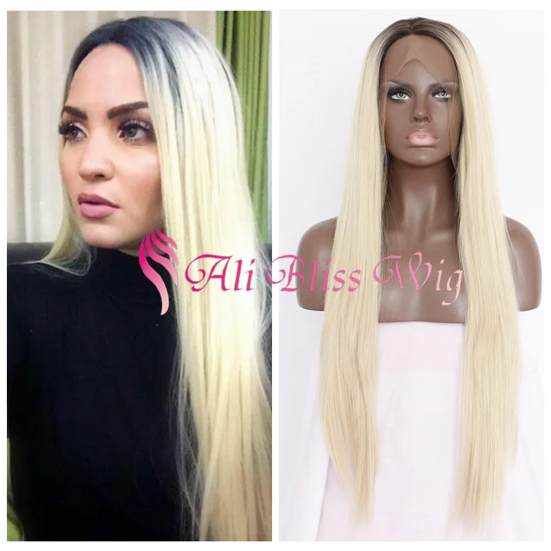 

Ali Bliss Wig 2 Tones Front Lace Wig Synthetic Ombre New Blonde Color Fiber Hair Heat Resistant Dark Roots Silky Straight 24"