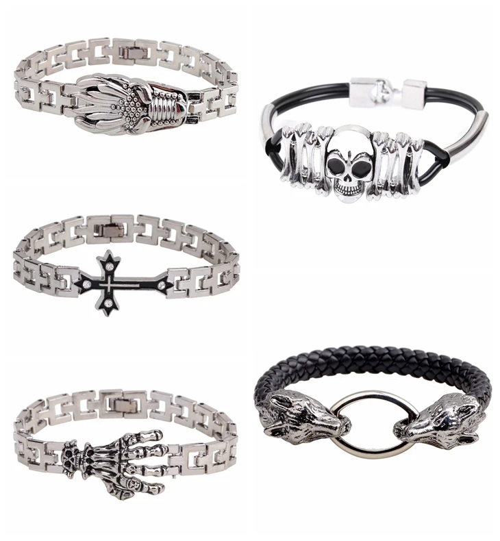 

Custom logo men's titanium steel bracelet personality multi-element skull head wolf head diamond cross leather alloy bracelet, Silver/brown /black/white/black