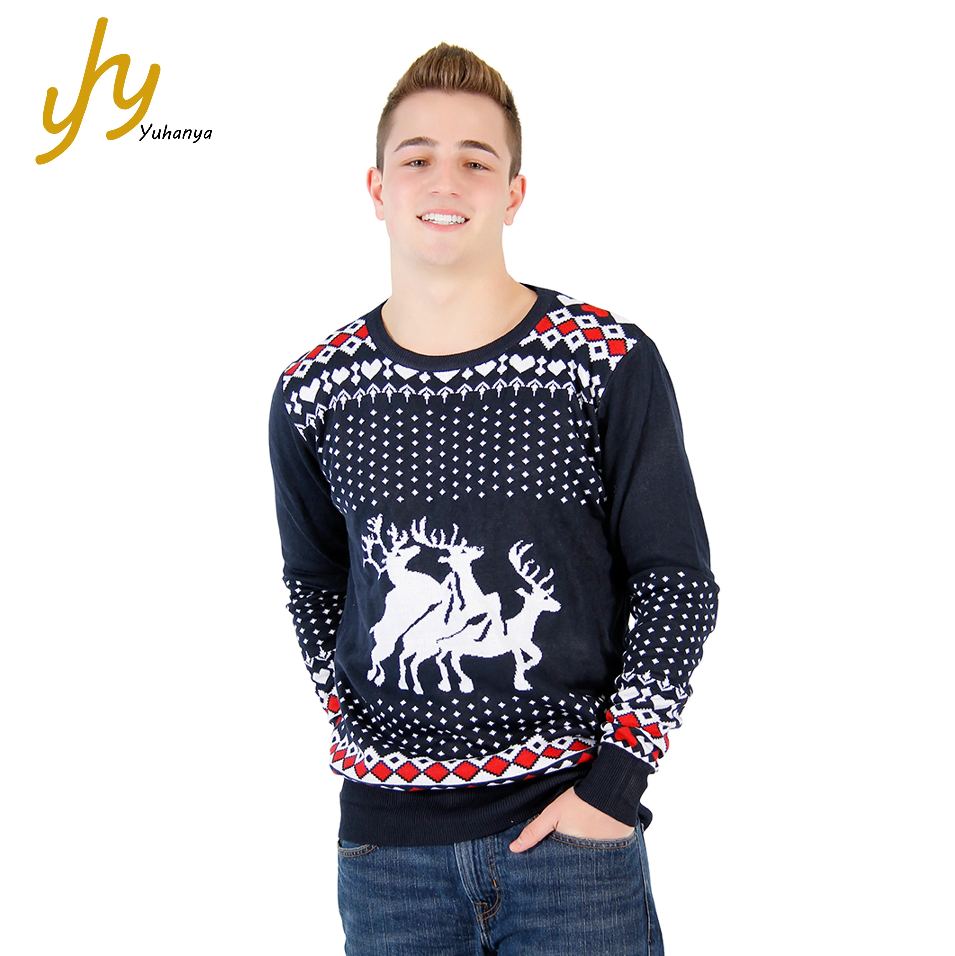 

High Quality OEM Jacquard Reindeer Mens Christmas Sweater Make In China, Navy