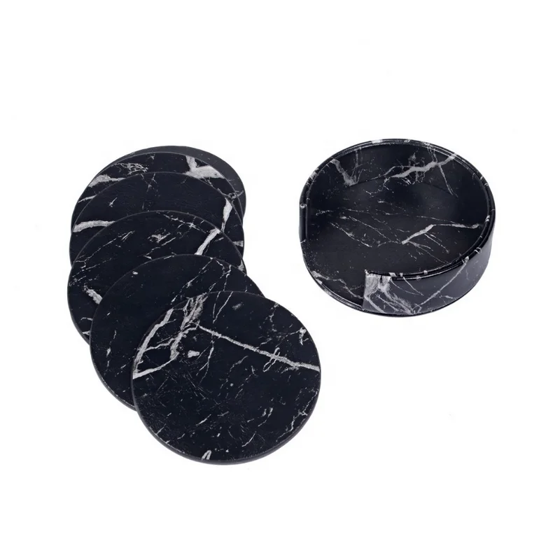 

PU Leather Marble Coaster Drink Coffee Cup Mat Tea Pad Dining Table Placemats, Black or white
