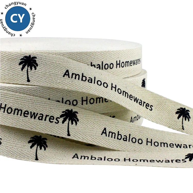 
Personalized wholesale 2cm 3/4inch white cotton herringbone ribbon tape, customized logo printed cotton ribbon 