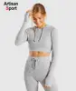 Customized Private Label Cropped Hoodie Sexy Fitness Gym Suit Long Sleeved Rib Knit Short Strings Hoodies Legging One Set