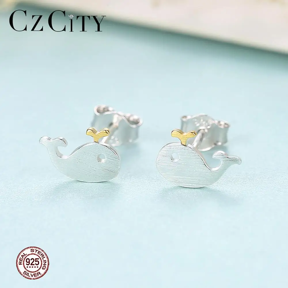 

CZCITY Minimalist 925 Sterling Silver Stud Earrings for Women Cute Dolphin Animal Design Fashion Post Earring Fine Jewelry