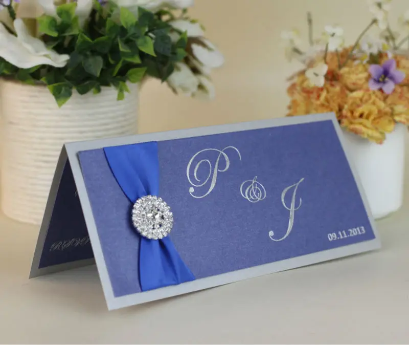 royal blue elegant wedding invitations silver layer