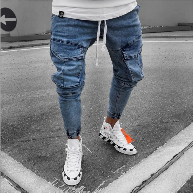 

New men's biker jeans jogging elastic waist pockets feet pants youth fashion new jean high quality male cotton pants, Picture color