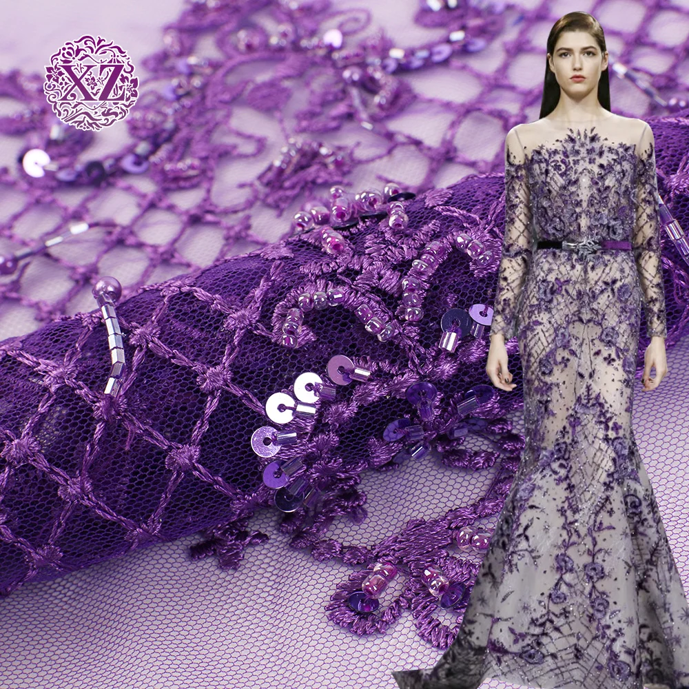 

Ready goods custom support mesh poly crystal beaded purple lace fabric embroidered
