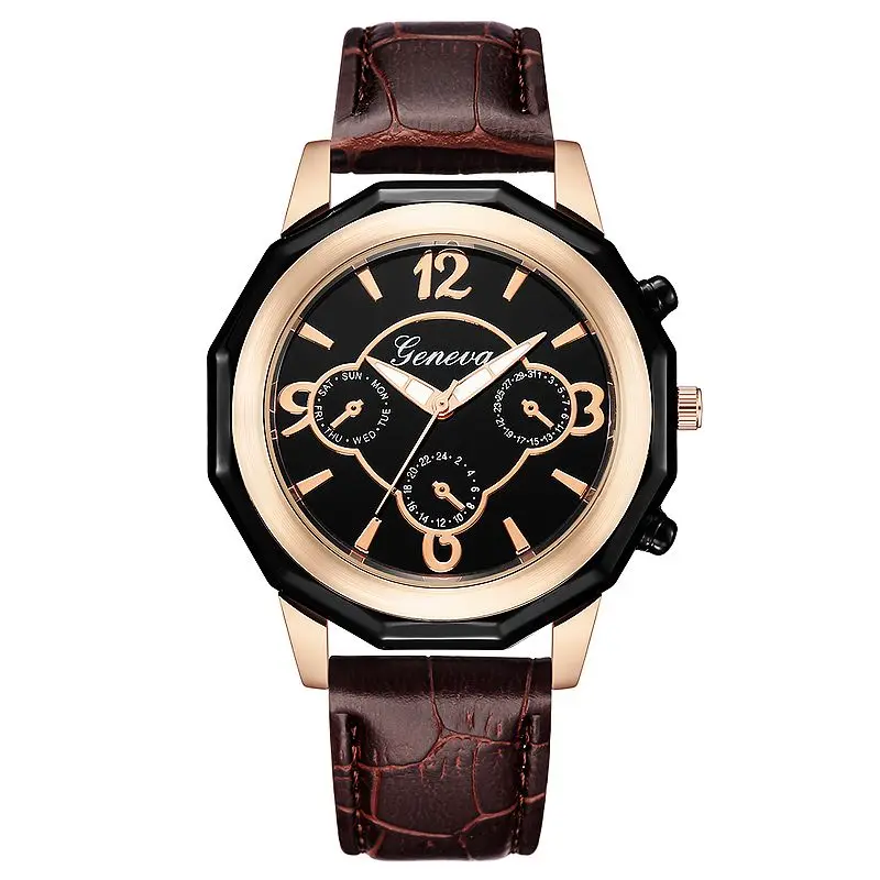 

Geneva Quartz Watch 616 Hot Selling Fashion Unique Dial Rose gold Case Leather Wrap Wholesale wrist watch, Photos
