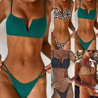 

2019 Summer swimwear plain color girl sexy beachwear two piece Brazilian bikini deep V ribbed High Cut Thong swimsuit women