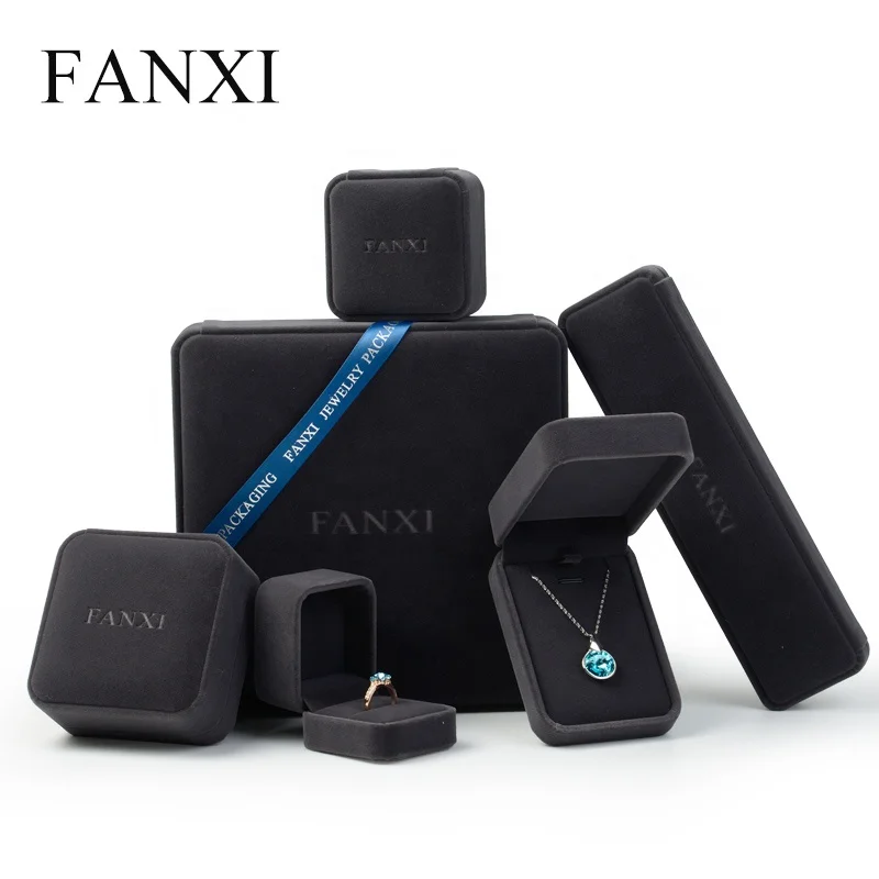 

FANXI Custom Logo Gift Boxes For Wedding Ring Necklace Bracelet Storage Plastic Packaging Boxes Black Velvet Jewelry Box, Black or customized color for velvet box