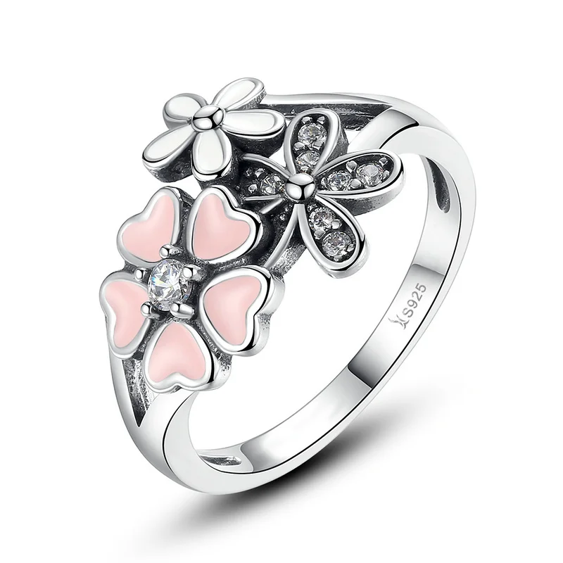

New Trendy 925 Sterling Silver Pink Flower Poetic Daisy Cherry Blossom Finger Ring