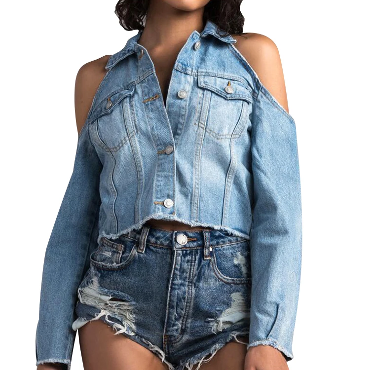 New Fashion Sexy off Shoulder Short Cropped Denim Jean Jacket Women