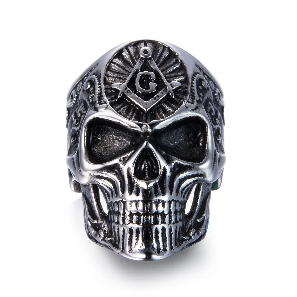 

wholesale 316L stainless steel masonic skull signet rings for men silver gold freemason symbol AG rings for biker, Gold;black;silver