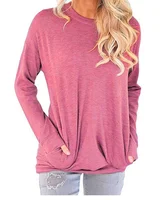 

2019 fashion Women's long sleeve pocket custom logo printed t-shirts