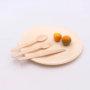 Image of disposable wooden cutlery set of 50 7.5 inches plates with 50 spoons knives and forks