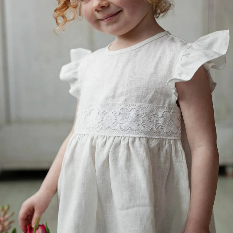 

kids long white flutter sleeve lace skirt dress, 3 colors