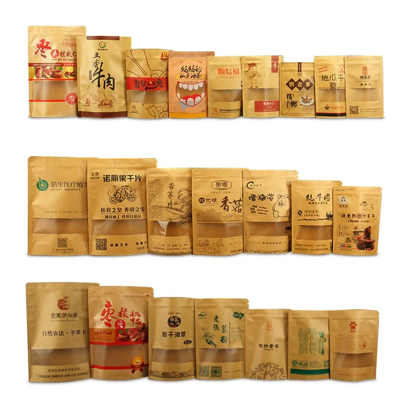 
Wholesale Custom Food Package Window Kraft Paper Zip Lock Bag Stand Up Pouch 