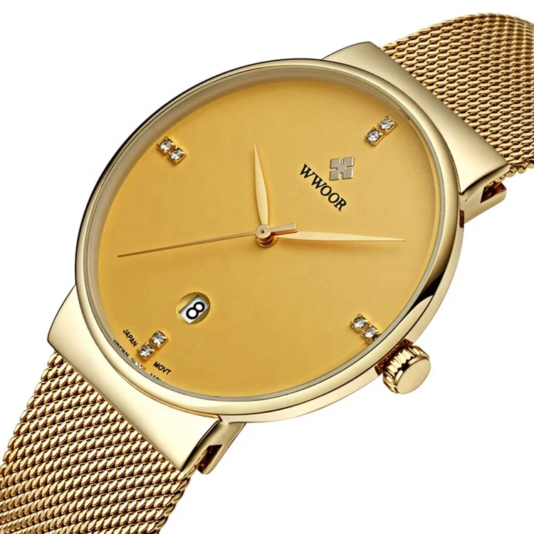 

WWOOR Luxury Golden Stainless Steel Mens Japan Movt Wrist Watch, Gold