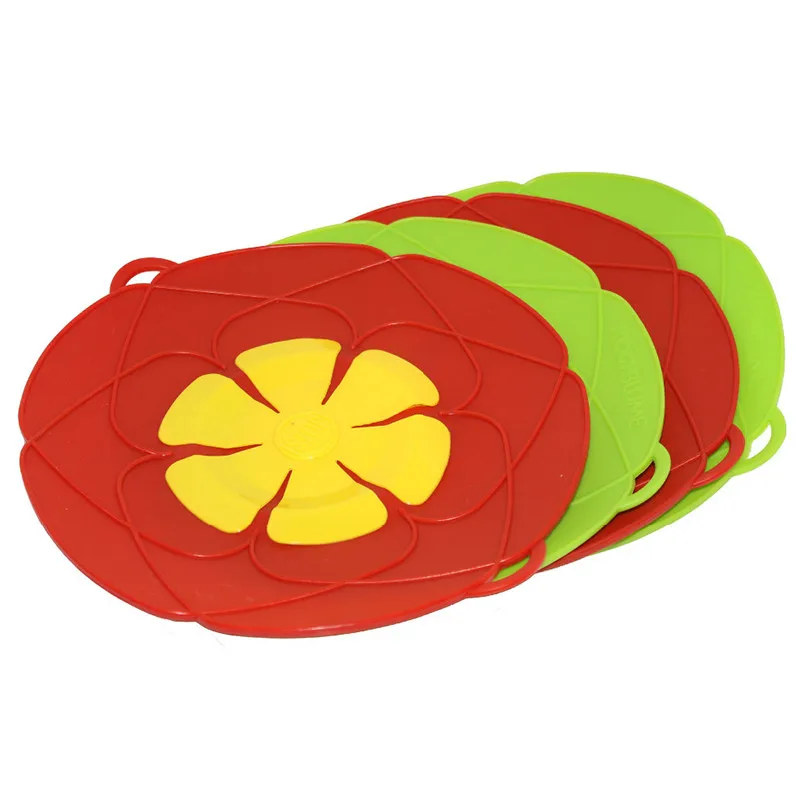 

Food Grade Reusable High Temperature Resistant Kitchen Tool Flower Shape Cookware Silicone Spill Stopper, Green,red