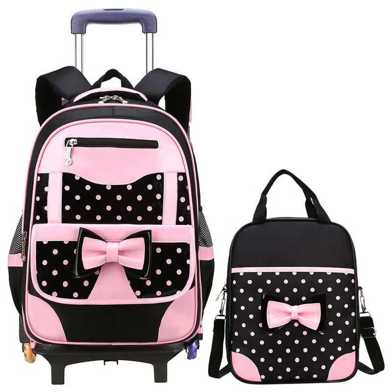 

2021 Cute Bowknot Waterproof Rolling School Bag Backpack with Wheels Princess Style Trolley Wheeled Backpack, Solid color school bag set for children