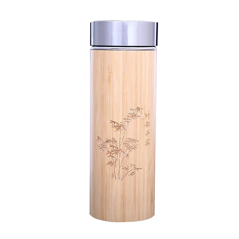 HT101340 Factory Direct Sales Eco Laser Engraving Logo Insulated Bamboo Water Bottle Stainless Steel Bamboo Thermos
