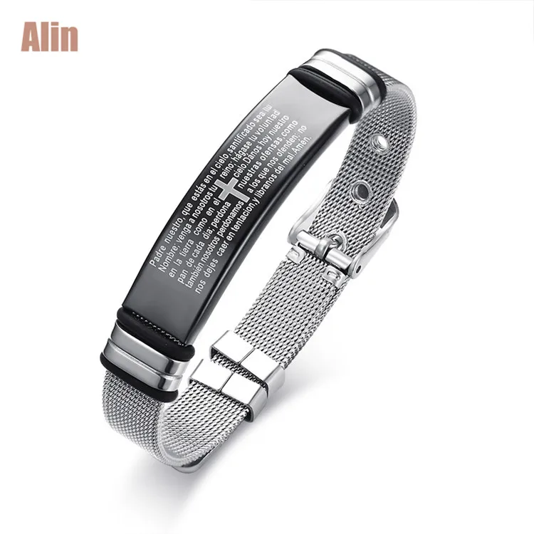 

Black mesh bracelet bend card with cross patterns stainless steel adjustable jewelry