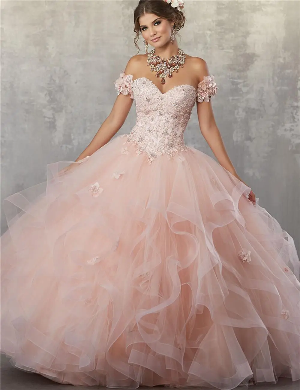 

Off The Shoulder Crystal Beads Coral Prom Ball Gown Quinceanera Dresses with Ruffles Flower Puffy Sweet 16 Dress NBW11